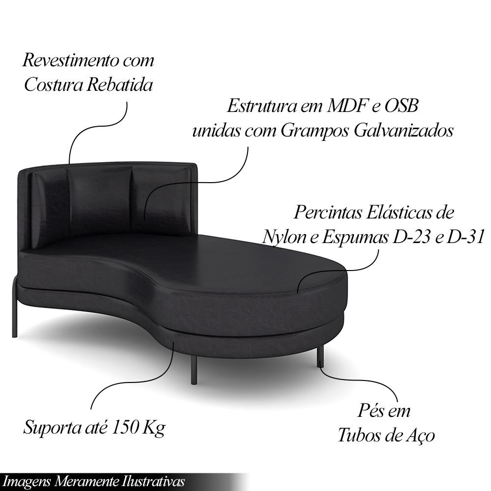 Sofá Chaise Lado Direito Downey Sala de Estar PU Preto G15 - Gran Belo