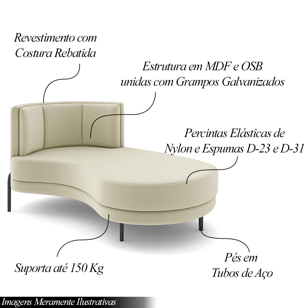 Sofá Chaise Lado Direito Downey Sala de Estar Veludo Bege G15 - Gran Belo