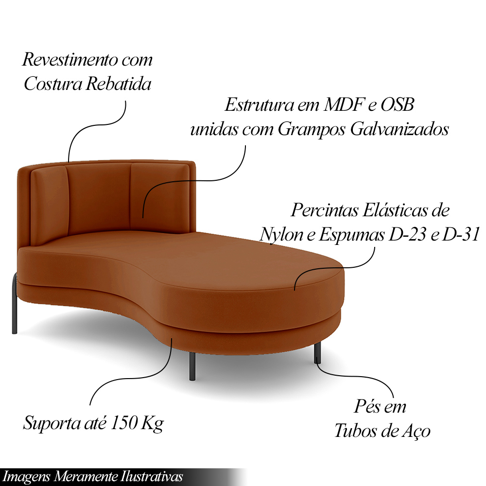 Sofá Chaise Lado Direito Downey Sala de Estar Veludo Terracota G15 - Gran Belo