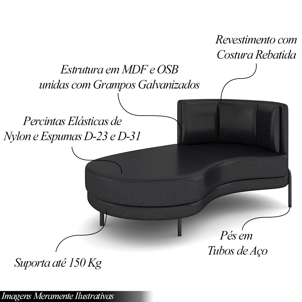 Sofá Chaise Lado Esquerdo Downey Sala de Estar PU Preto G15 - Gran Belo