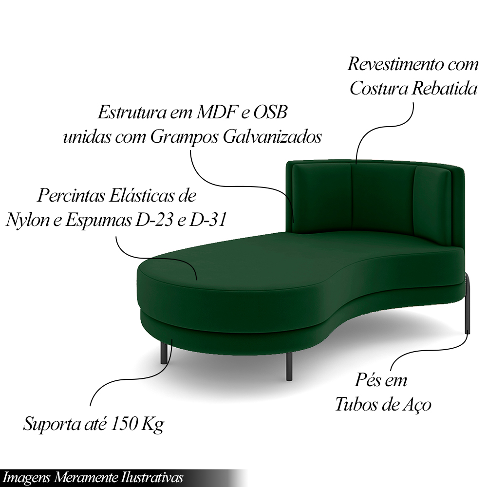 Sofá Chaise Lado Esquerdo Downey Sala de Estar Veludo Verde G15 - Gran Belo