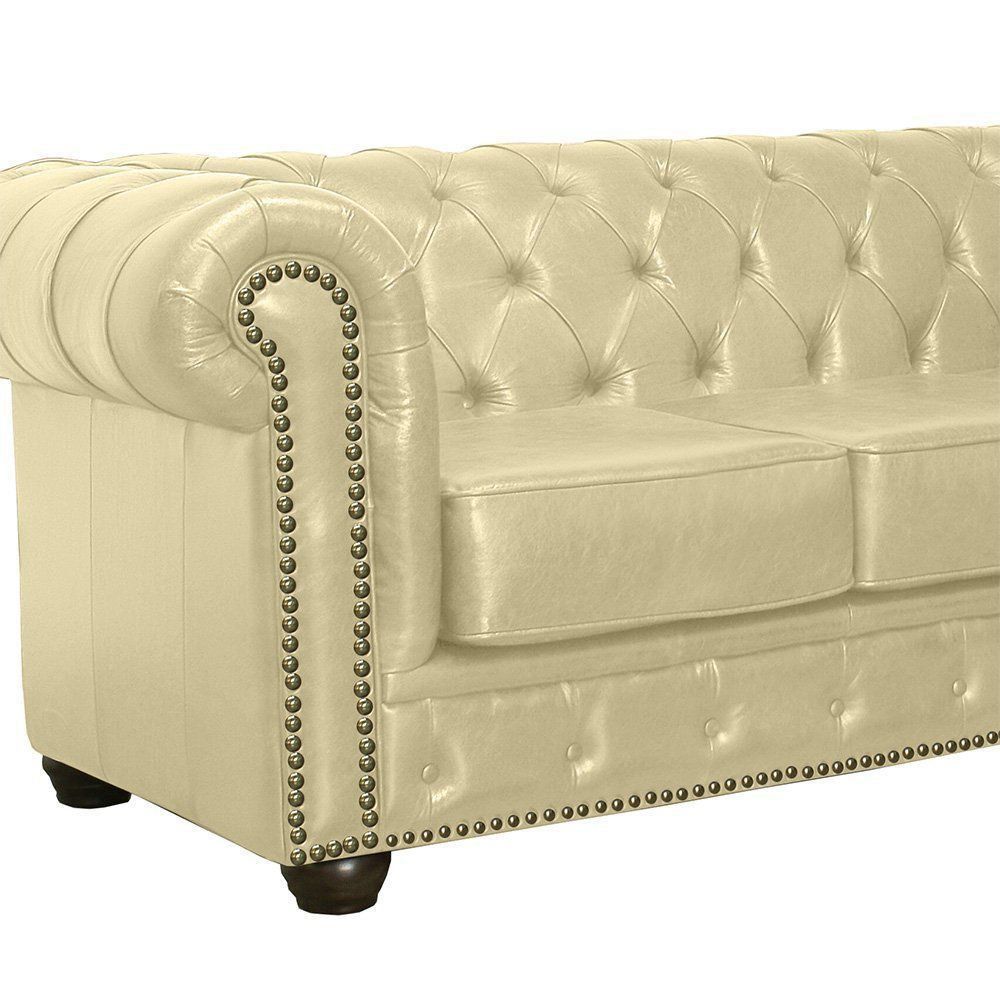 Sofá Chesterfield 3 Lugares com Pés Madeira Couro Bege G40 - Gran Belo
