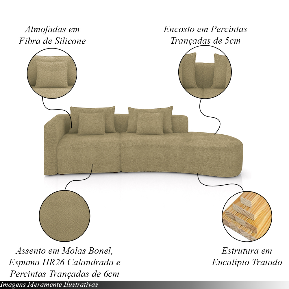 Sofá Curvo Decorativo Kimiko 287Cm 2 Lugares Sala de Estar com Chaise Bouclê Bege G52 - Gran Belo