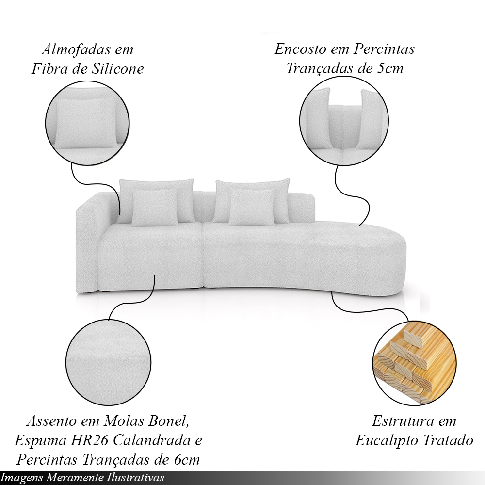 Sofá Curvo Decorativo Kimiko 287Cm 2 Lugares Sala de Estar com Chaise Bouclê Branco G52 - Gran Belo