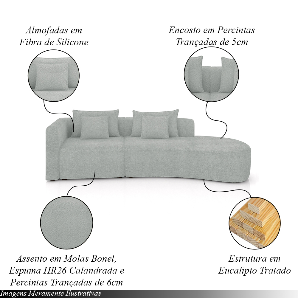 Sofá Curvo Decorativo Kimiko 287Cm 2 Lugares Sala de Estar com Chaise Bouclê Cinza G52 - Gran Belo