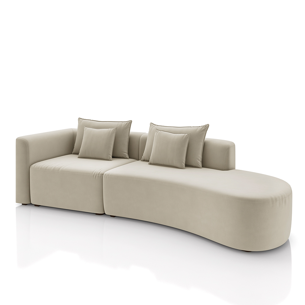 Sofá Curvo Decorativo Kimiko 287Cm 2 Lugares Sala de Estar com Chaise Veludo Bege G52 - Gran Belo