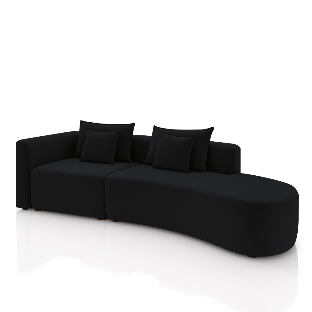 Sofá Curvo Decorativo Kimiko 287Cm 2 Lugares Sala de Estar com Chaise Veludo Preto G52 - Gran Belo