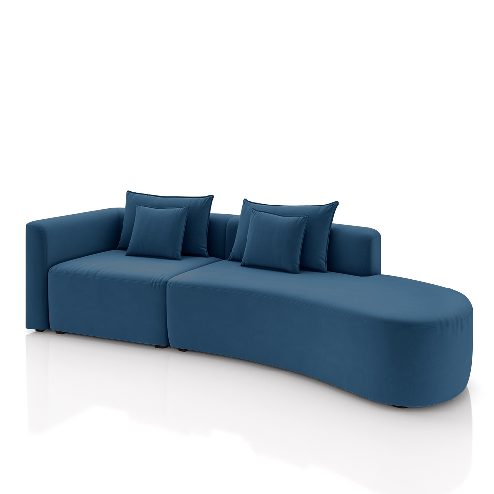 Sofá Curvo Decorativo Kimiko 297Cm 2 Lugares Sala de Estar com Chaise Veludo Azul Petróleo G52 - Gran Belo