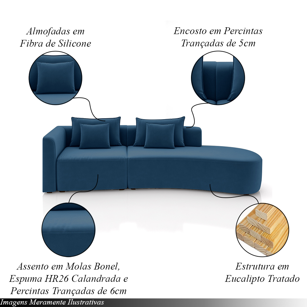 Sofá Curvo Decorativo Kimiko 297Cm 2 Lugares Sala de Estar com Chaise Veludo Azul Petróleo G52 - Gran Belo