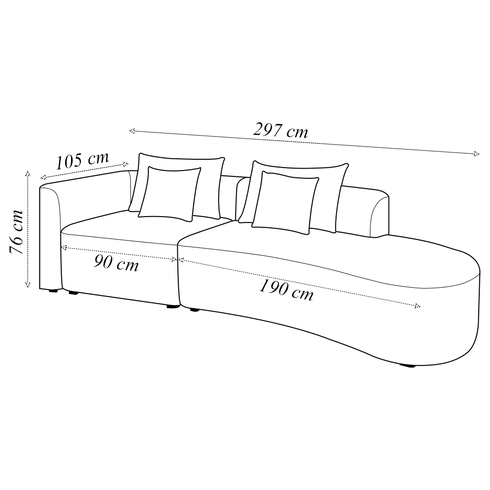 Sofá Curvo Decorativo Kimiko 297Cm 2 Lugares Sala de Estar com Chaise Veludo Azul Petróleo G52 - Gran Belo