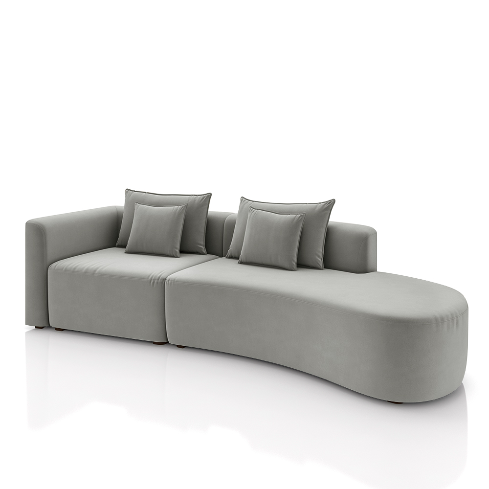 Sofá Curvo Decorativo Kimiko 297Cm 2 Lugares Sala de Estar com Chaise Veludo Cinza G52 - Gran Belo