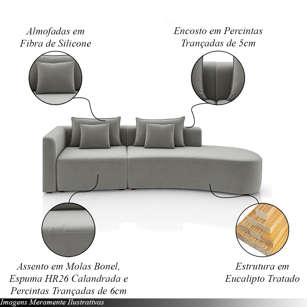 Sofá Curvo Decorativo Kimiko 297Cm 2 Lugares Sala de Estar com Chaise Veludo Cinza G52 - Gran Belo