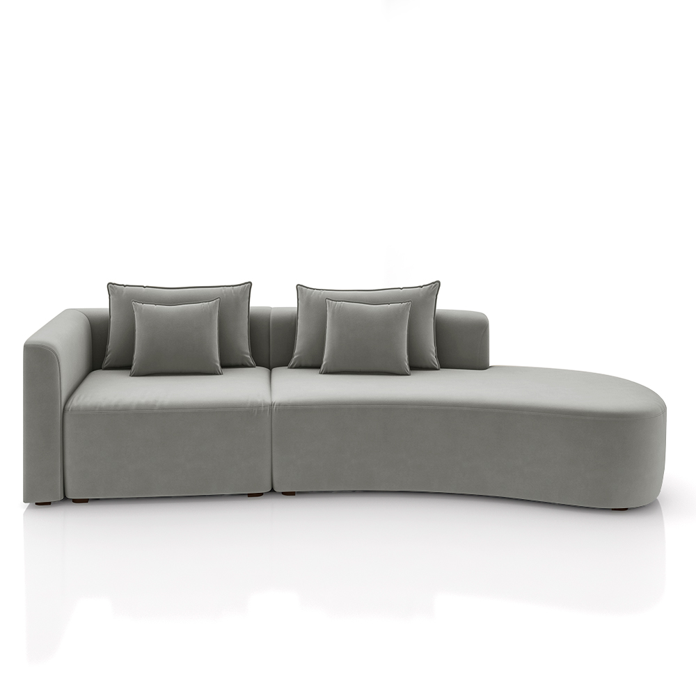 Sofá Curvo Decorativo Kimiko 297Cm 2 Lugares Sala de Estar com Chaise Veludo Cinza G52 - Gran Belo