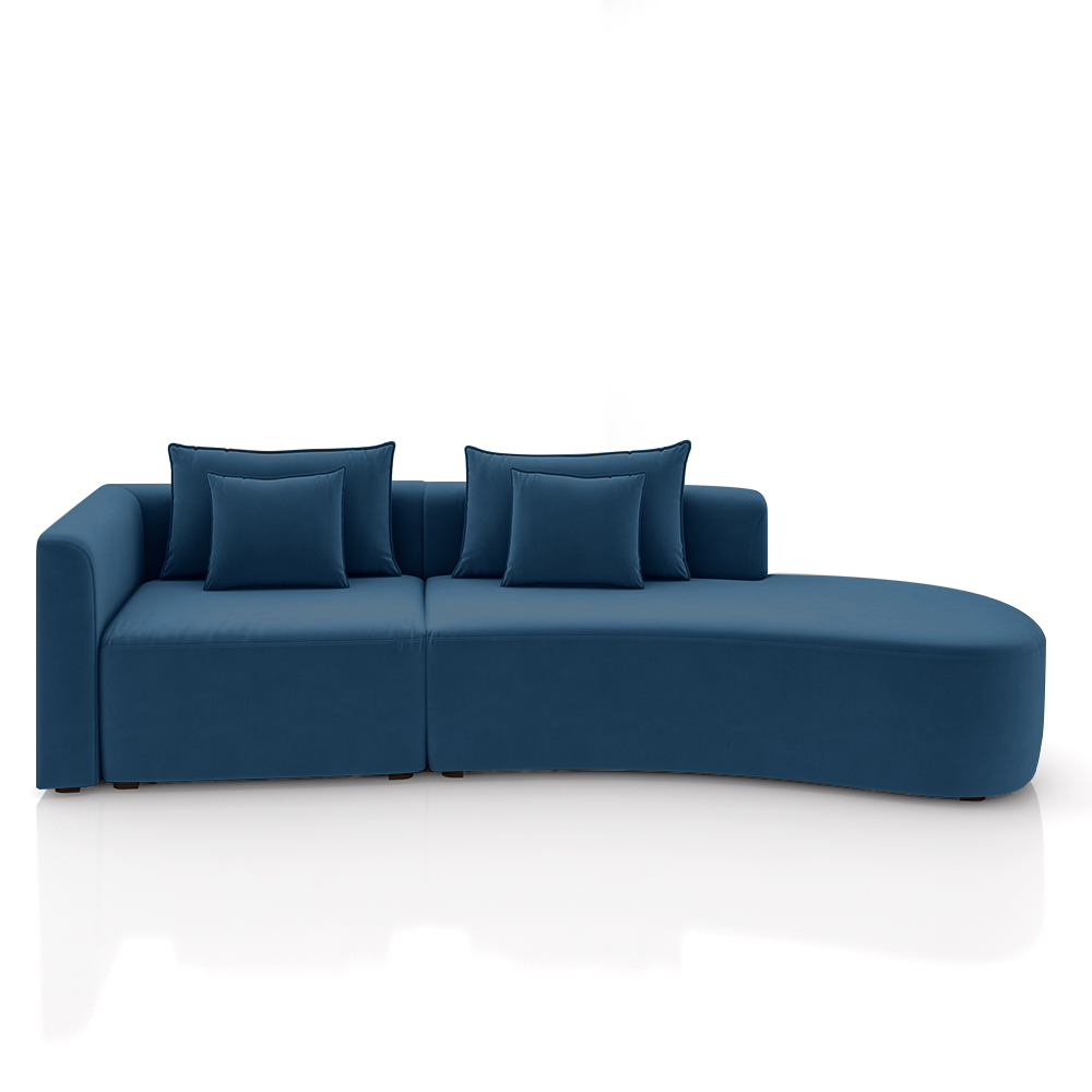 Sofá Curvo Decorativo Kimiko 307Cm 3 Lugares Sala de Estar com Chaise Veludo Azul Petróleo G52 - Gran Belo