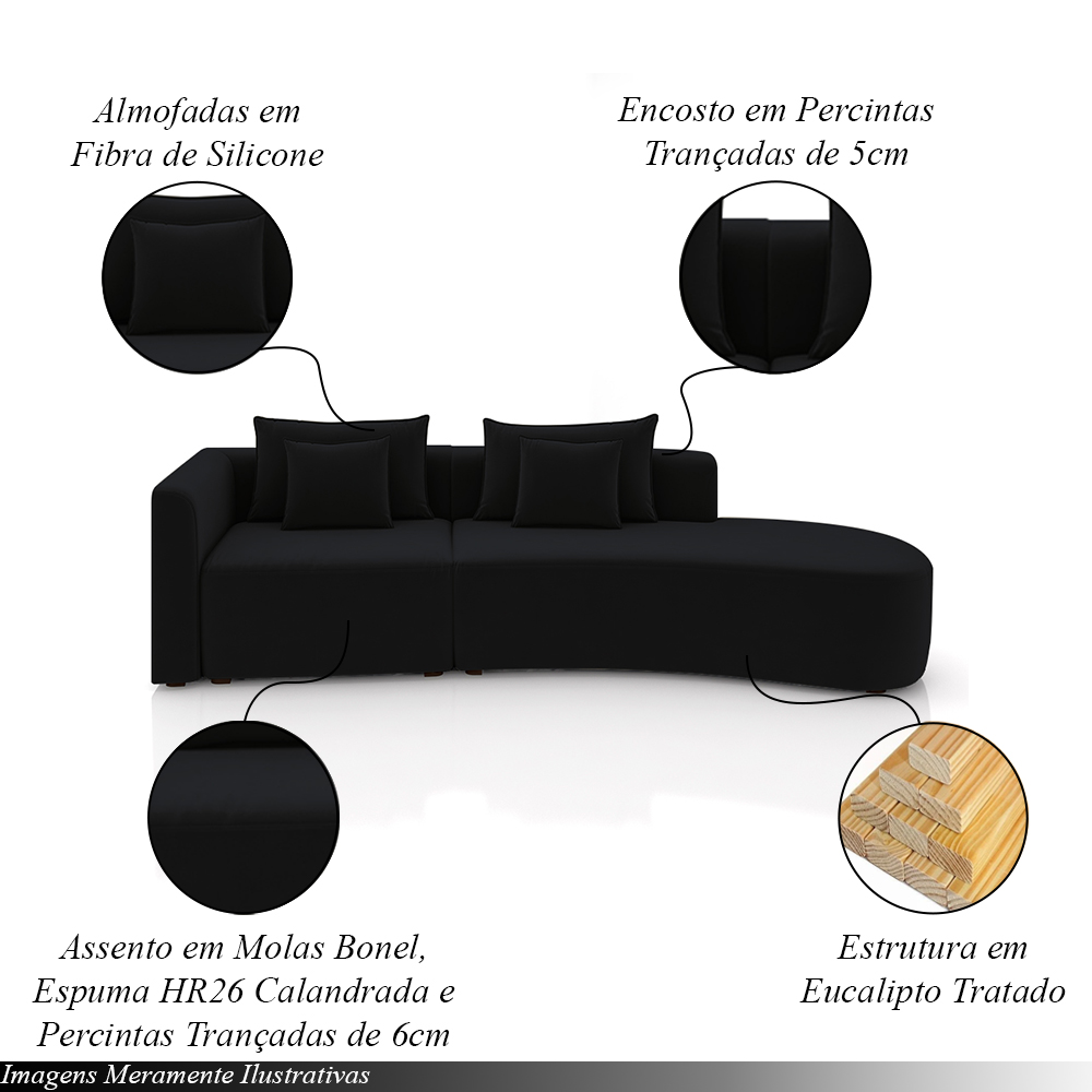 Sofá Curvo Decorativo Kimiko 307Cm 3 Lugares Sala de Estar com Chaise Veludo Preto G52 - Gran Belo