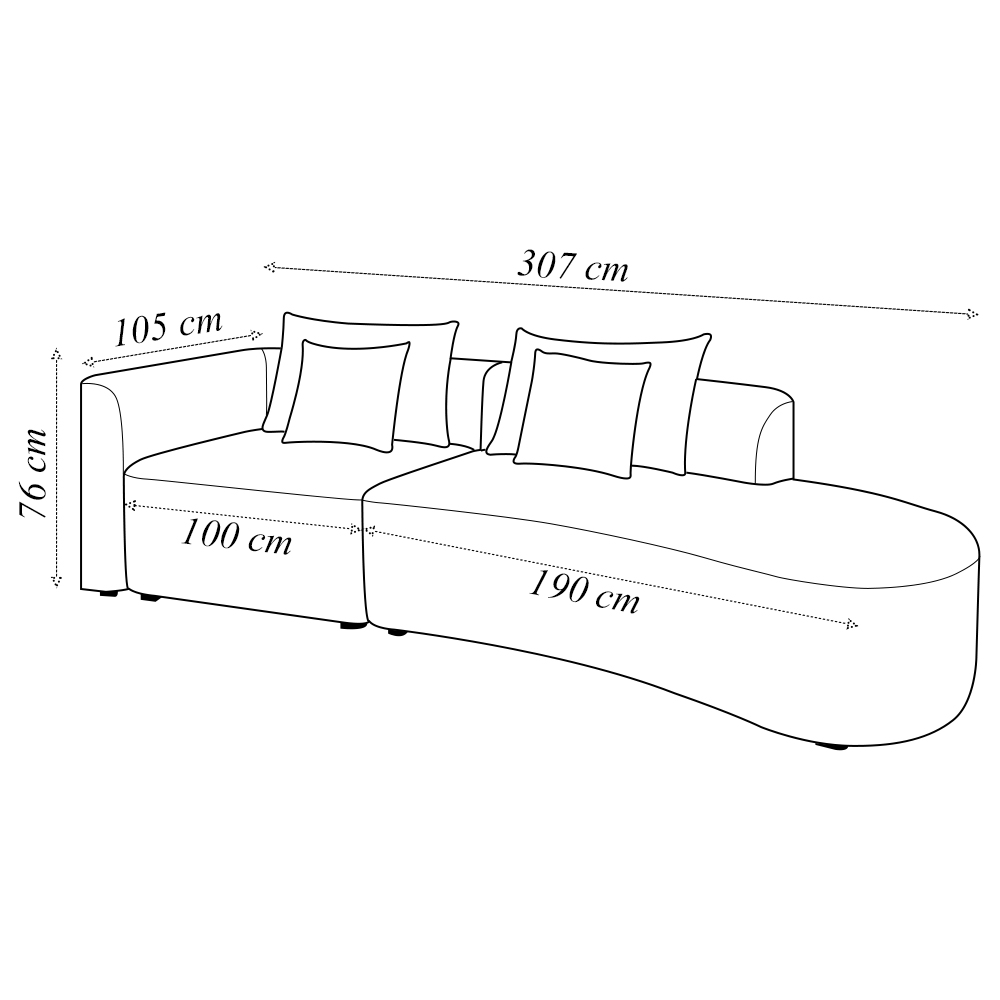 Sofá Curvo Decorativo Kimiko 307Cm 3 Lugares Sala de Estar com Chaise Veludo Preto G52 - Gran Belo