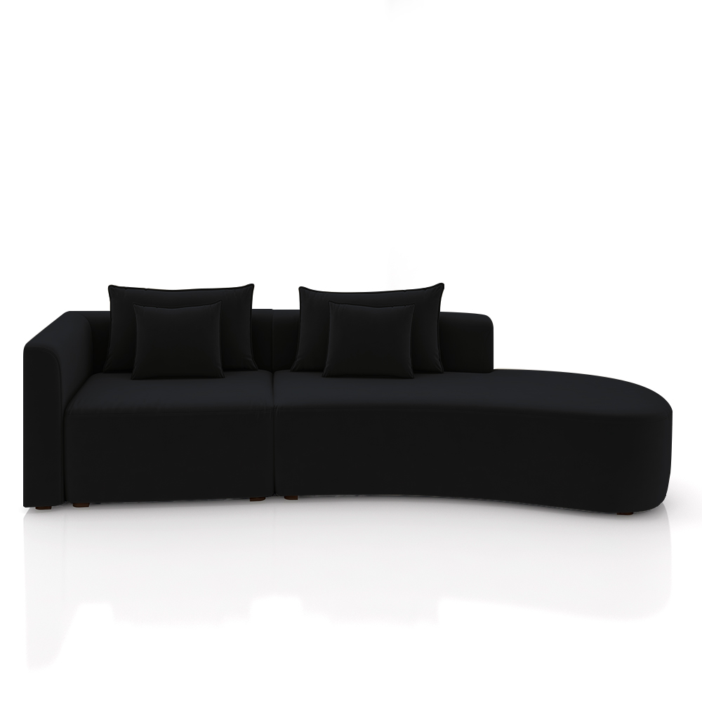 Sofá Curvo Decorativo Kimiko 307Cm 3 Lugares Sala de Estar com Chaise Veludo Preto G52 - Gran Belo