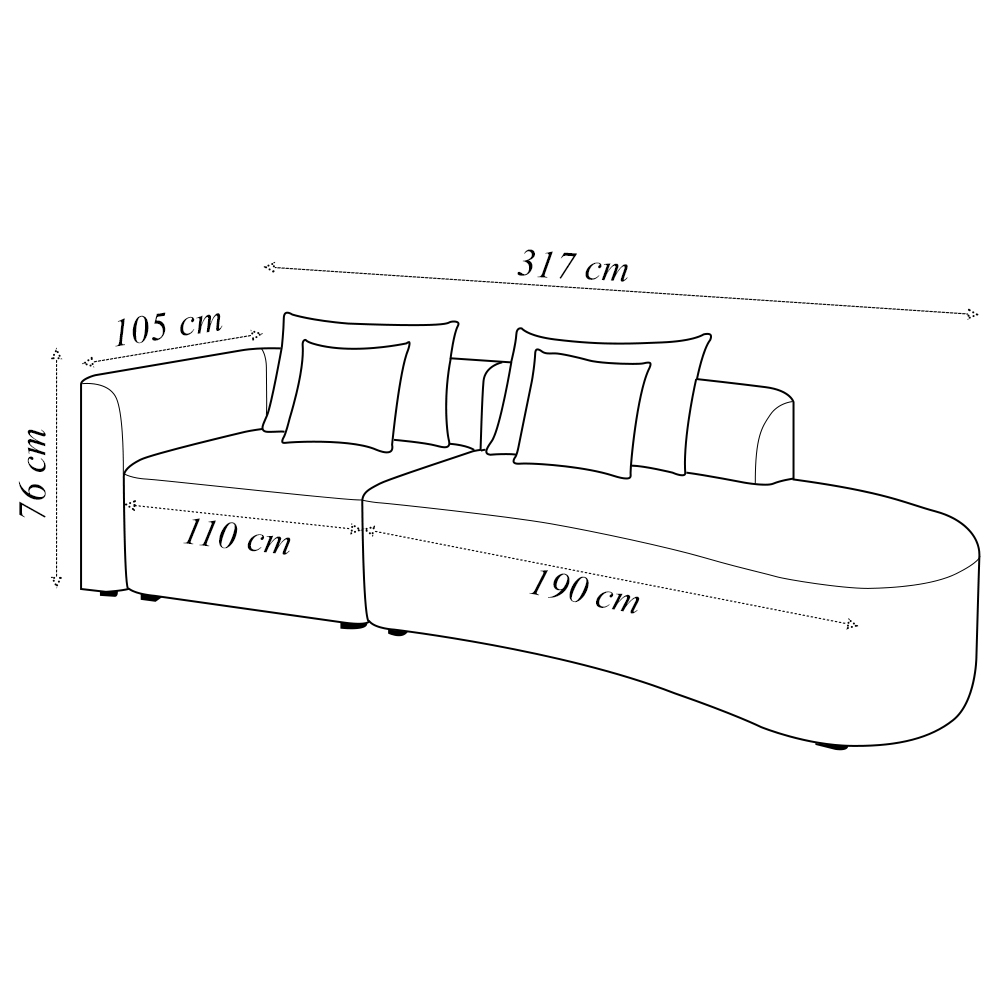 Sofá Curvo Decorativo Kimiko 317Cm 3 Lugares Sala de Estar com Chaise Veludo Marrom G52 - Gran Belo