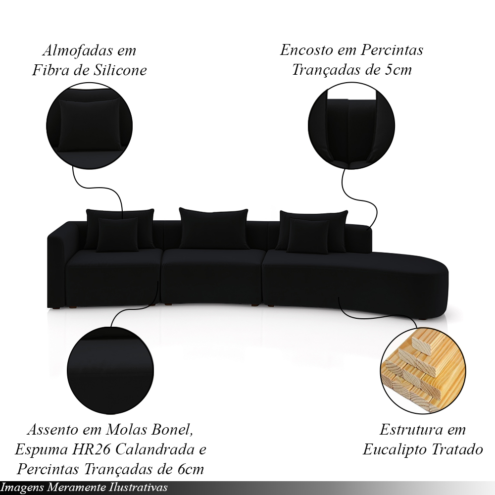 Sofá Curvo Decorativo Kimiko 427Cm 5 Lugares Sala de Estar com Chaise Veludo Preto G52 - Gran Belo