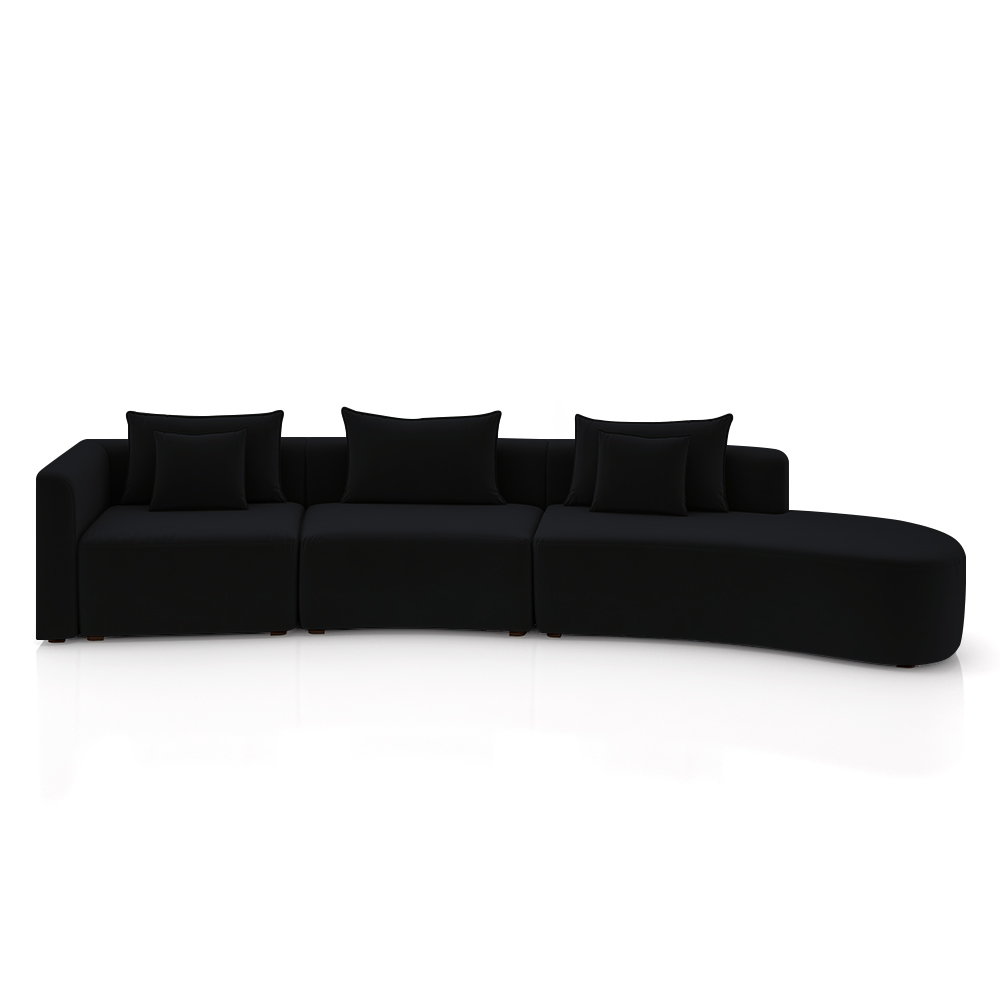 Sofá Curvo Decorativo Kimiko 427Cm 5 Lugares Sala de Estar com Chaise Veludo Preto G52 - Gran Belo
