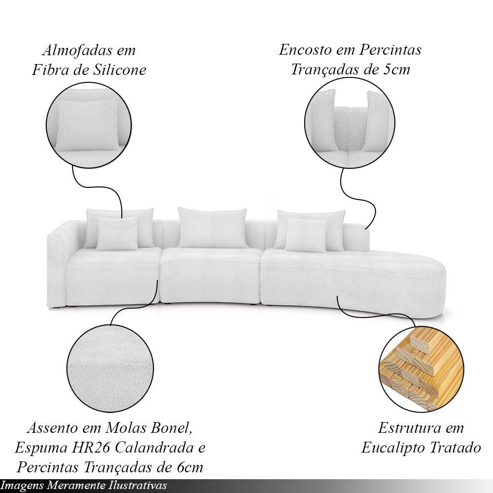 Sofá Curvo Decorativo Kimiko 437Cm 5 Lugares Sala de Estar com Chaise Bouclê Branco G52 - Gran Belo