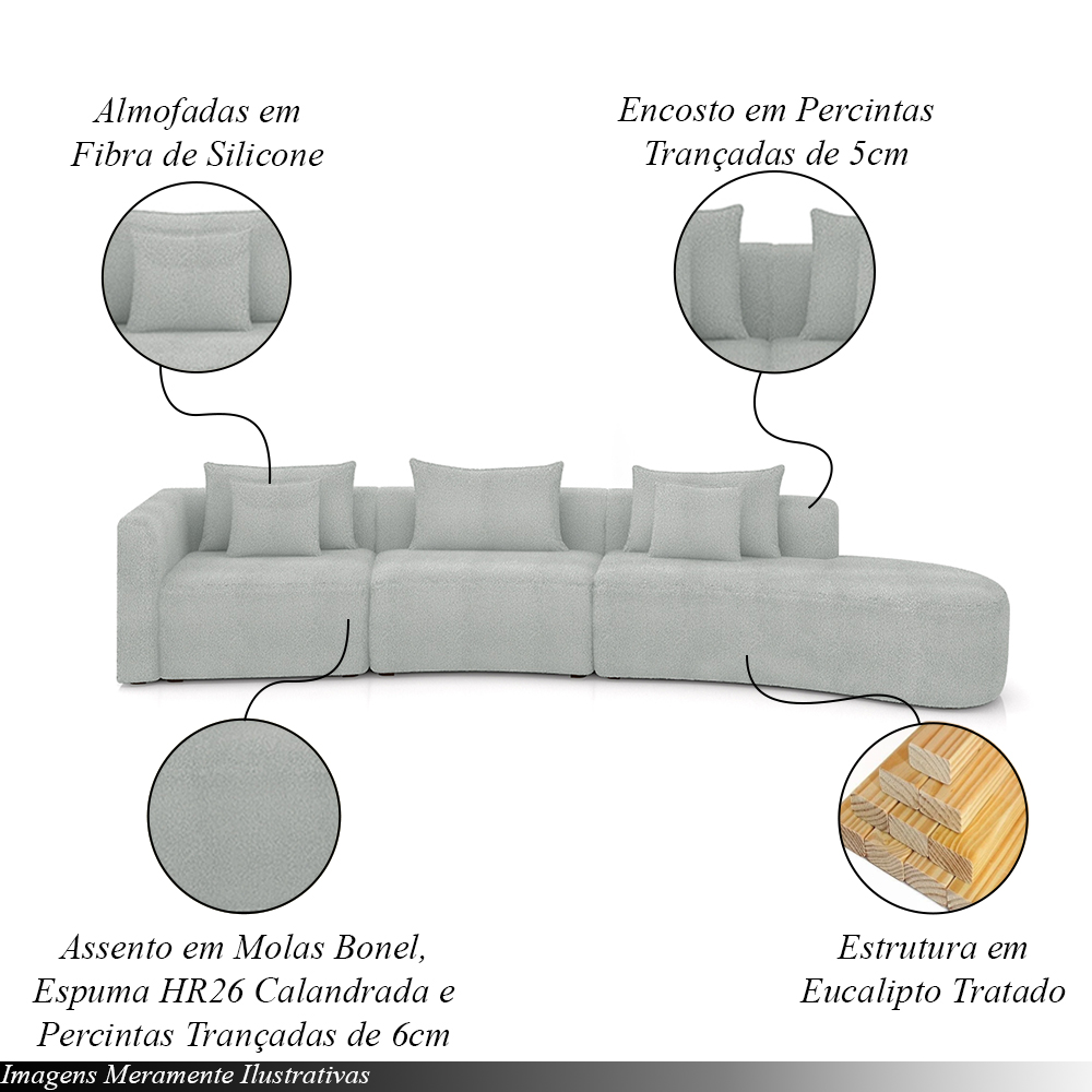 Sofá Curvo Decorativo Kimiko 437Cm 5 Lugares Sala de Estar com Chaise Bouclê Cinza G52 - Gran Belo
