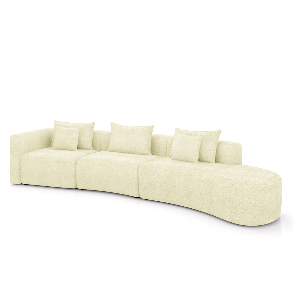 Sofá Curvo Decorativo Kimiko 437Cm 5 Lugares Sala de Estar com Chaise Bouclê Off White G52 - Gran Belo