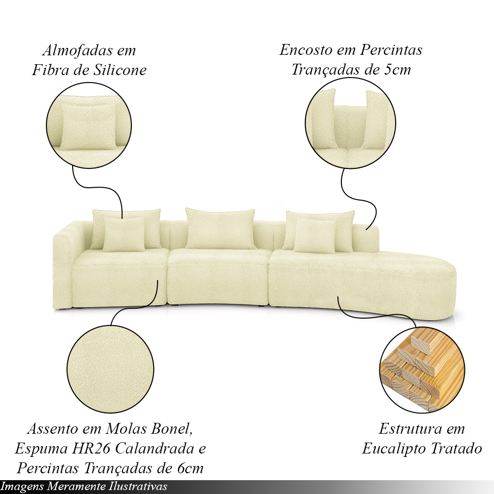 Sofá Curvo Decorativo Kimiko 437Cm 5 Lugares Sala de Estar com Chaise Bouclê Off White G52 - Gran Belo