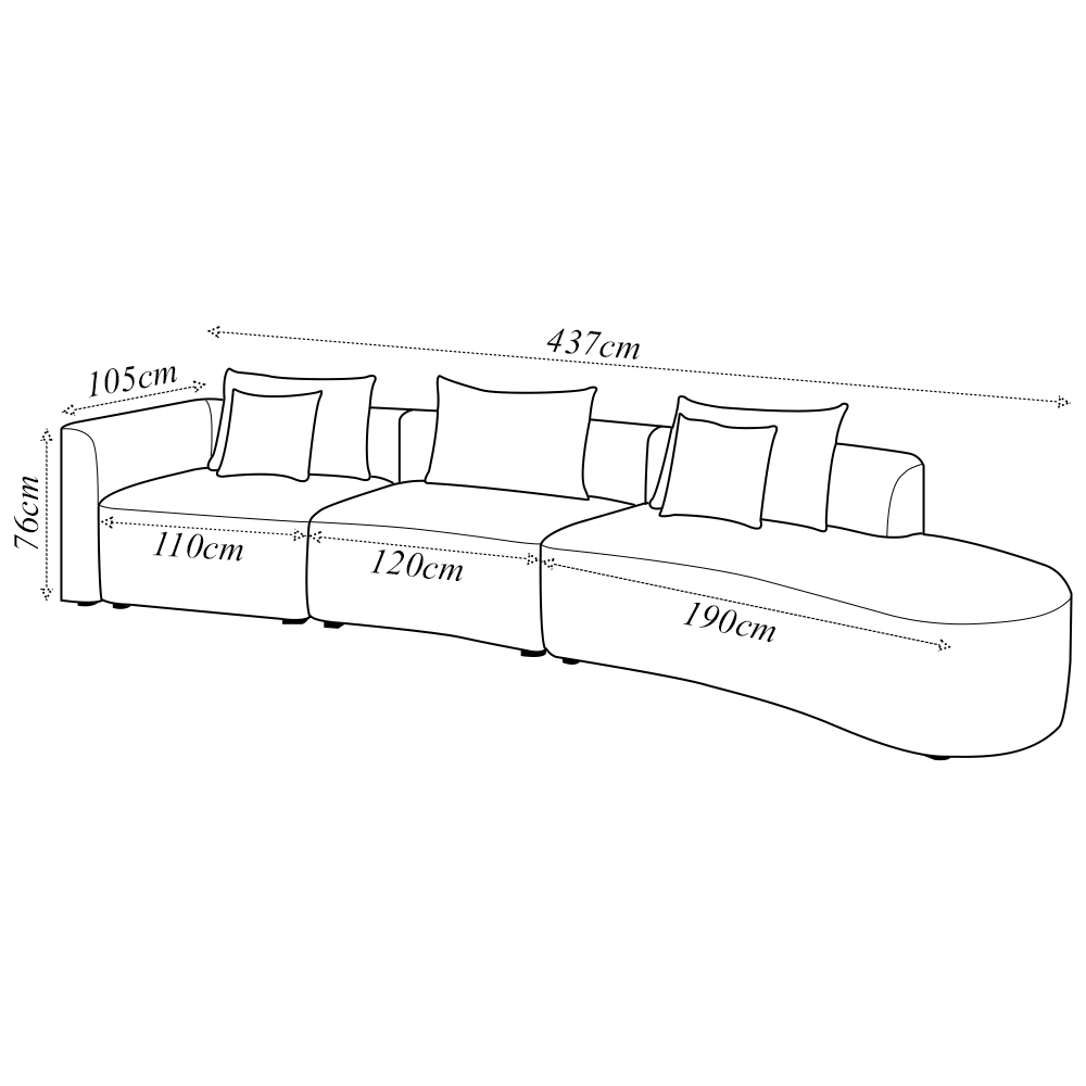 Sofá Curvo Decorativo Kimiko 437Cm 5 Lugares Sala de Estar com Chaise Veludo Azul Petróleo G52 - Gran Belo