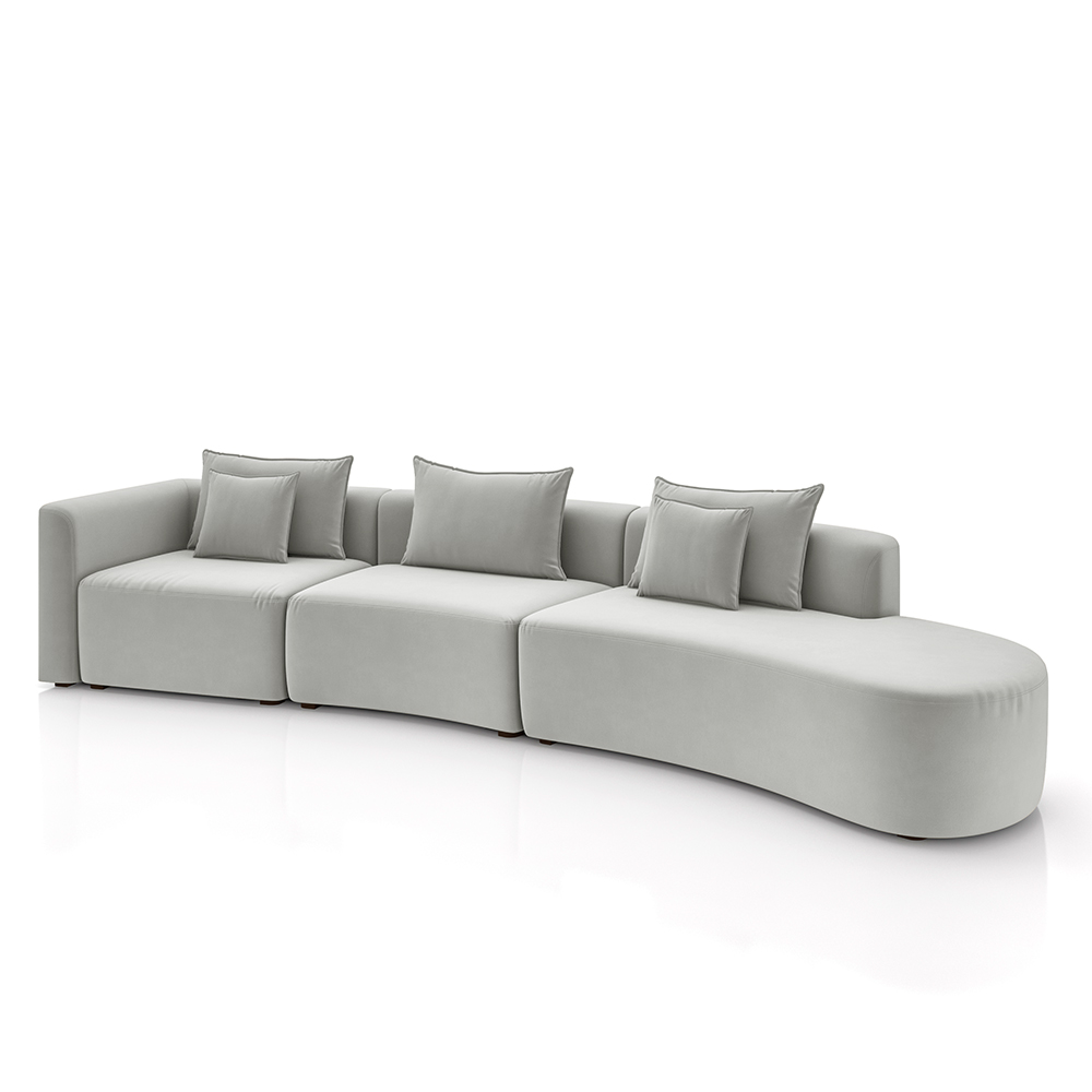 Sofá Curvo Decorativo Kimiko 437Cm 5 Lugares Sala de Estar com Chaise Veludo Cinza G52 - Gran Belo