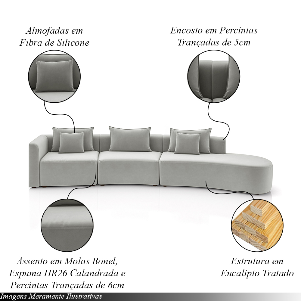 Sofá Curvo Decorativo Kimiko 437Cm 5 Lugares Sala de Estar com Chaise Veludo Cinza G52 - Gran Belo