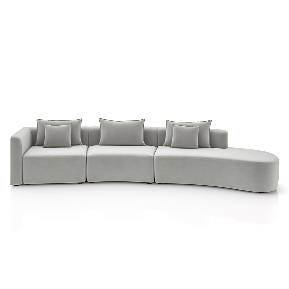 Sofá Curvo Decorativo Kimiko 437Cm 5 Lugares Sala de Estar com Chaise Veludo Cinza G52 - Gran Belo