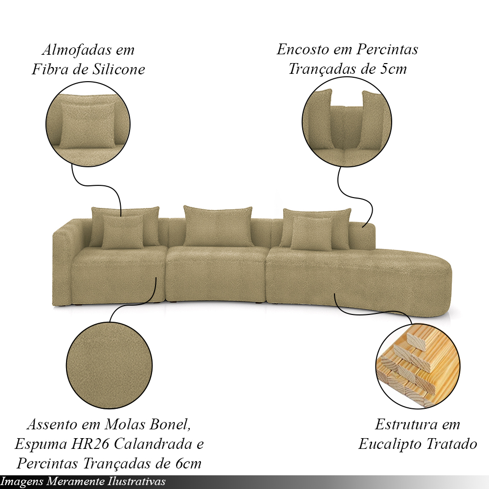 Sofá Curvo Decorativo Kimiko 447Cm 5 Lugares Sala de Estar com Chaise Bouclê Bege G52 - Gran Belo