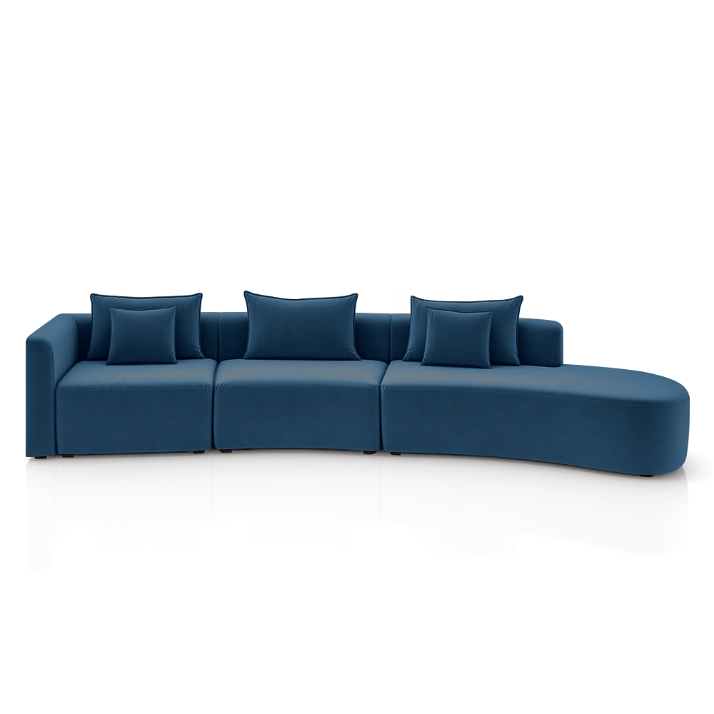 Sofá Curvo Decorativo Kimiko 447Cm 5 Lugares Sala de Estar com Chaise Veludo Azul Petróleo G52 - Gran Belo