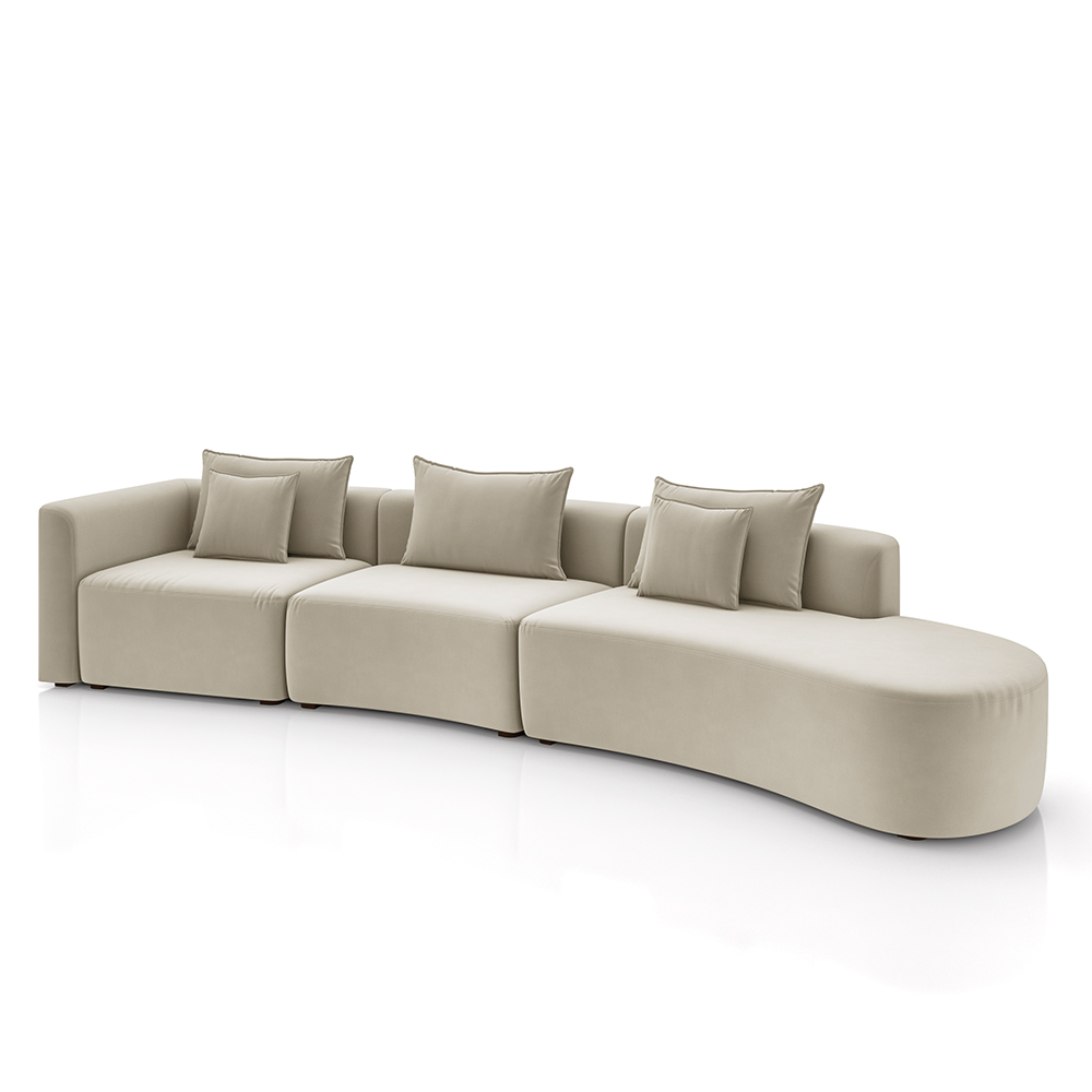 Sofá Curvo Decorativo Kimiko 447Cm 5 Lugares Sala de Estar com Chaise Veludo Bege G52 - Gran Belo