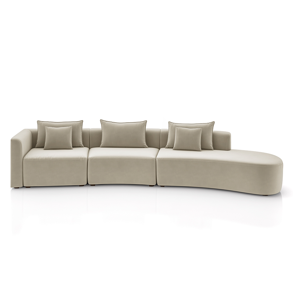 Sofá Curvo Decorativo Kimiko 447Cm 5 Lugares Sala de Estar com Chaise Veludo Bege G52 - Gran Belo