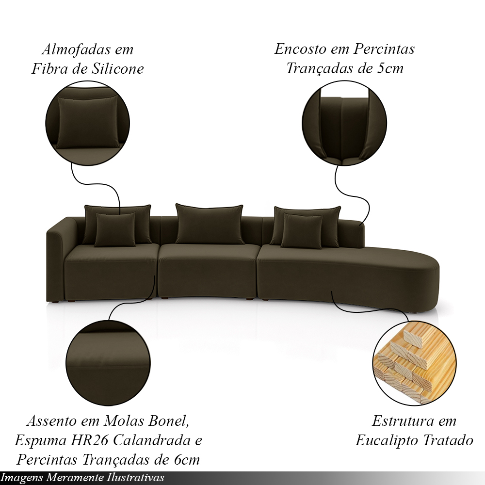 Sofá Curvo Decorativo Kimiko 447Cm 5 Lugares Sala de Estar com Chaise Veludo Marrom G52 - Gran Belo