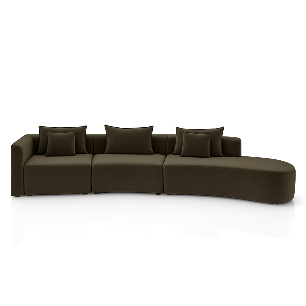 Sofá Curvo Decorativo Kimiko 447Cm 5 Lugares Sala de Estar com Chaise Veludo Marrom G52 - Gran Belo