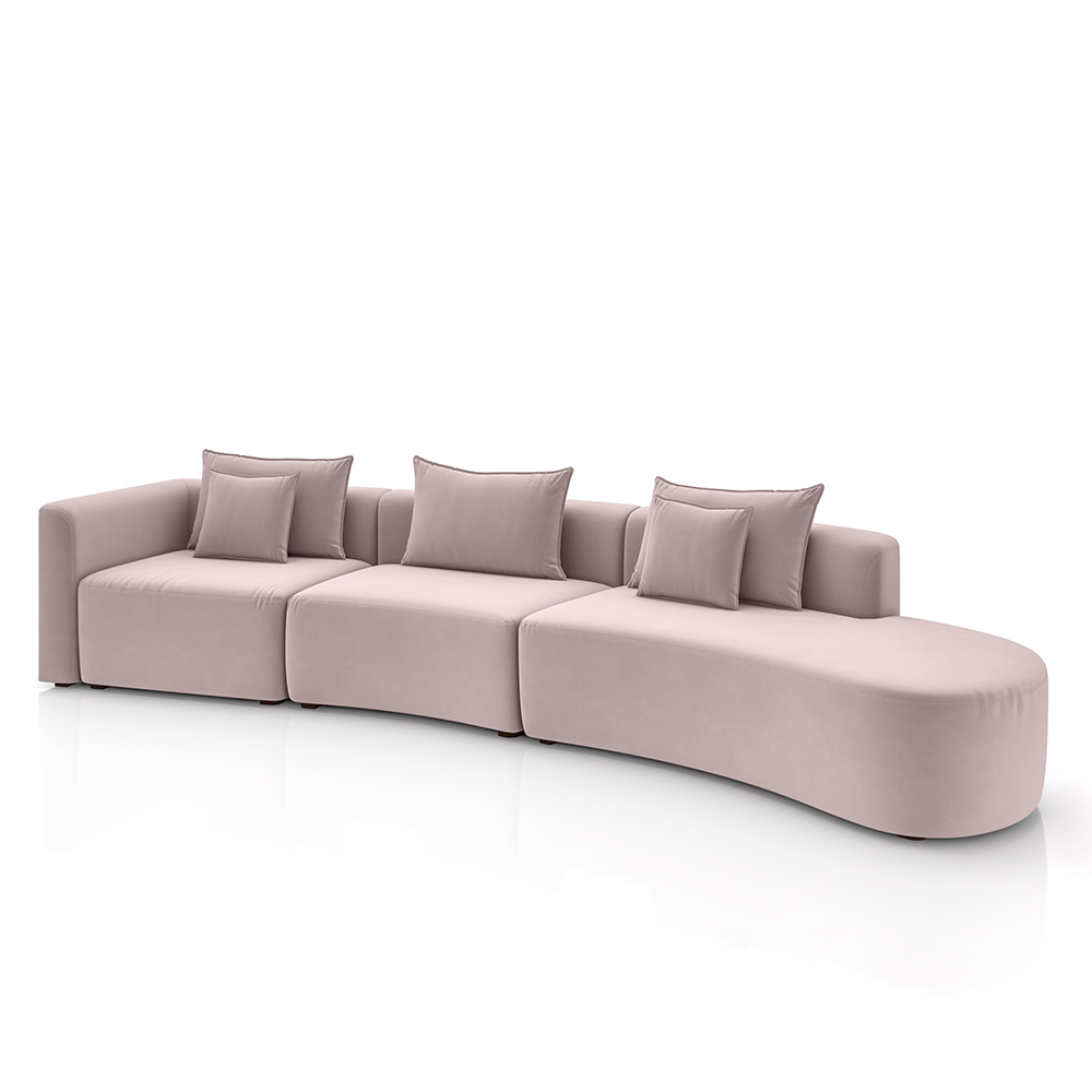 Sofá Curvo Decorativo Kimiko 447Cm 5 Lugares Sala de Estar com Chaise Veludo Rosê G52 - Gran Belo