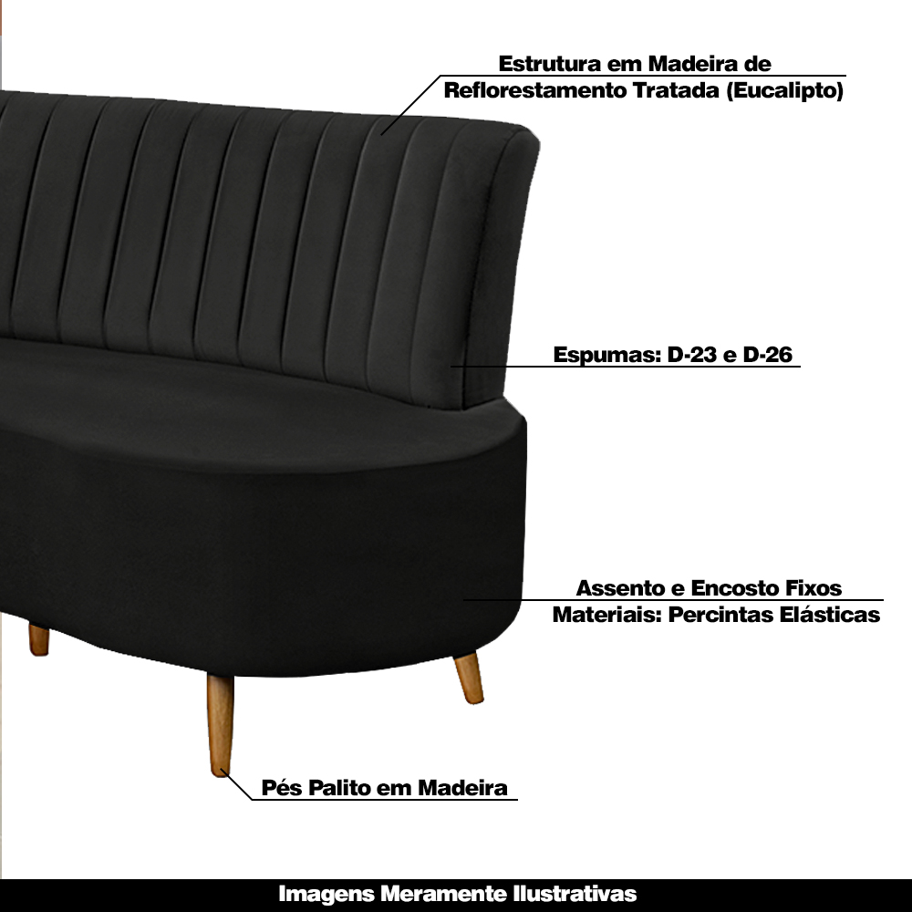 Sofá Decorativo 1,60M 2 Lugares Katara Veludo Preto G33 - Gran Belo