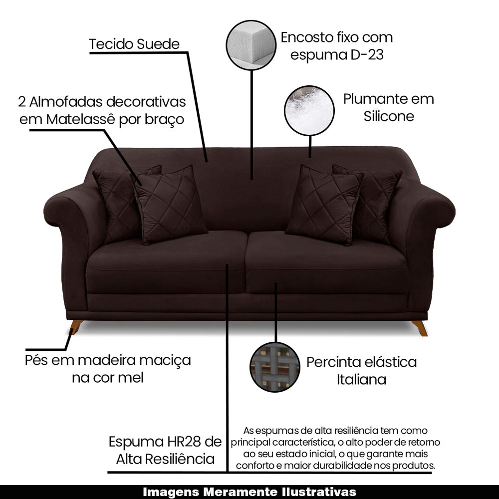 Sofá Decorativo 160cm 2 Lugares com 4 Almofadas Armstrong Suede Café G63 - Gran Belo