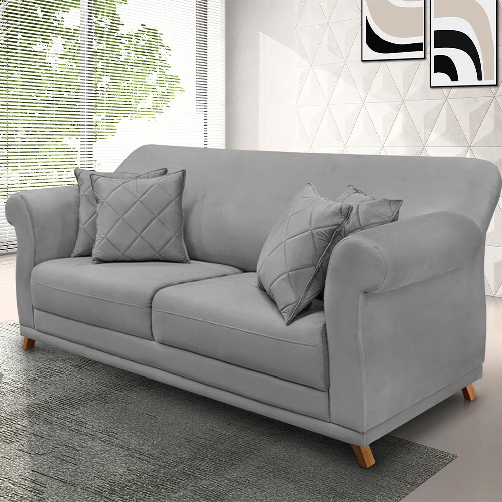 Sofá Decorativo 180cm 2 Lugares com 4 Almofadas Armstrong Veludo Cinza G63 - Gran Belo