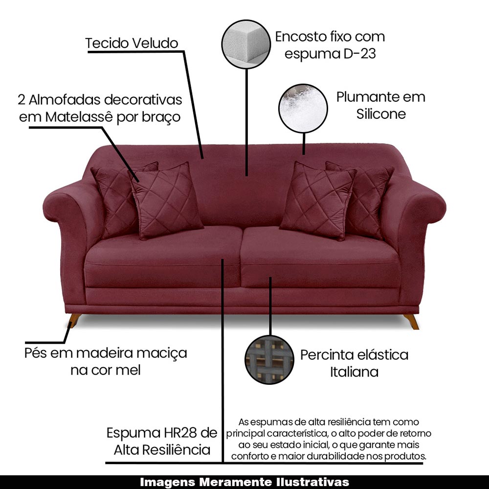 Sofá Decorativo 180cm 2 Lugares com 4 Almofadas Armstrong Veludo Vinho G63 - Gran Belo