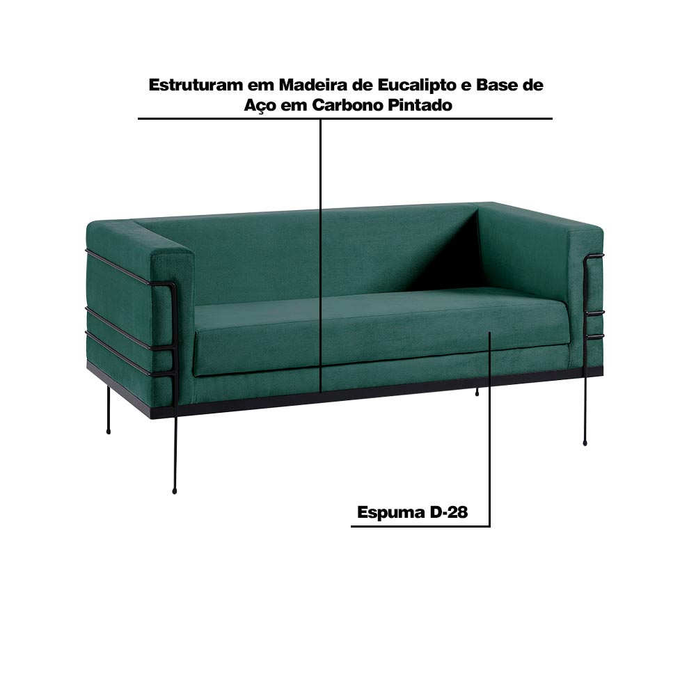 Sofá Decorativo 2 Lugares Base de Aço Preto Jeanneret-Gris Veludo Verde G17 - Gran Belo