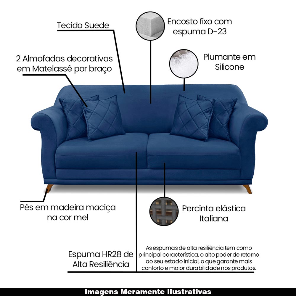 Sofá Decorativo 200cm 3 Lugares com 4 Almofadas Armstrong Suede Azul Marinho G63 - Gran Belo