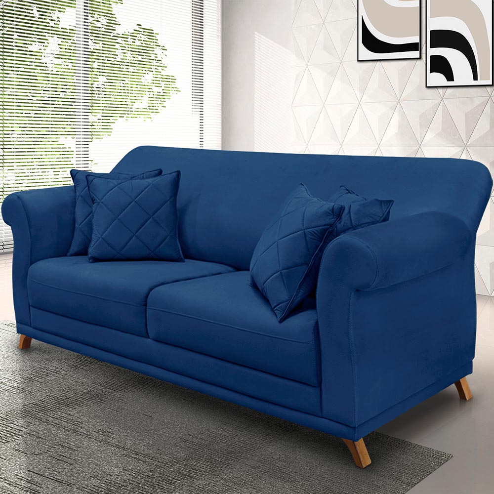Sofá Decorativo 200cm 3 Lugares com 4 Almofadas Armstrong Suede Azul Marinho G63 - Gran Belo