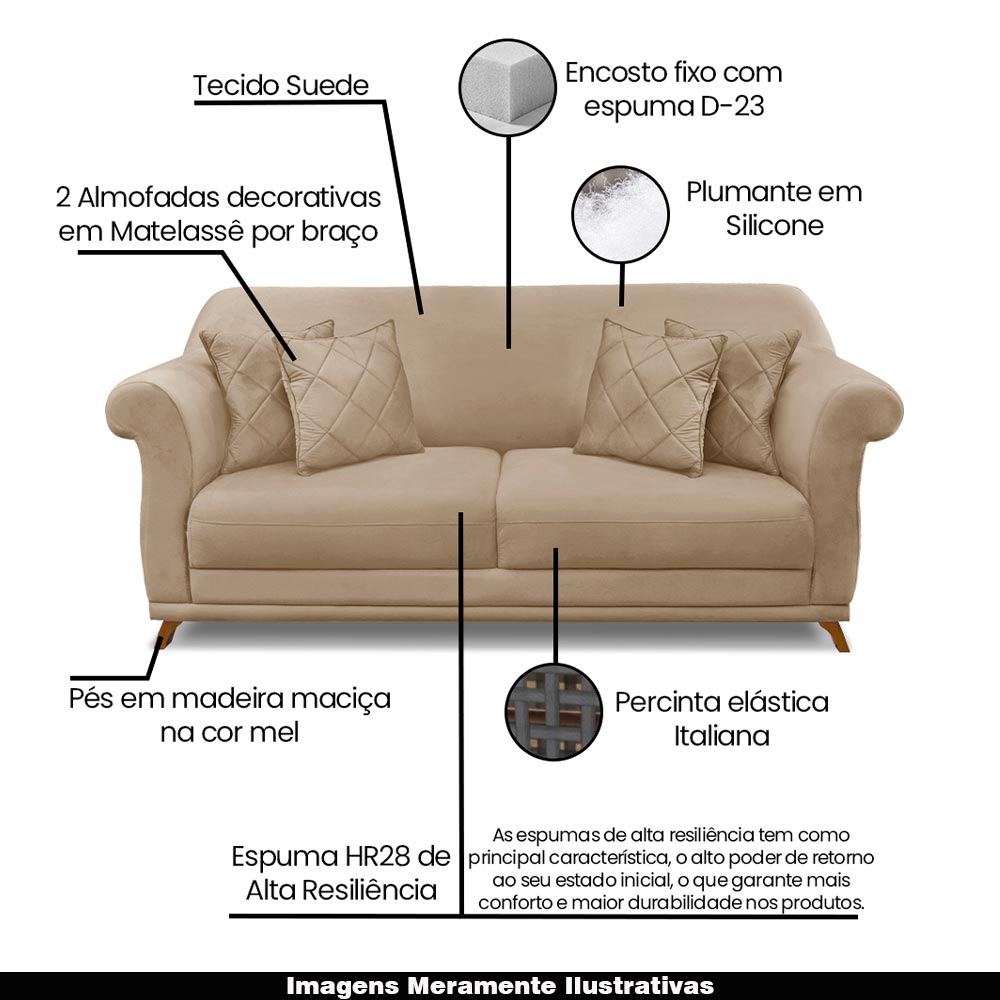 Sofá Decorativo 200cm 3 Lugares com 4 Almofadas Armstrong Suede Bege G63 - Gran Belo