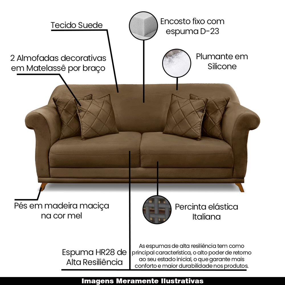 Sofá Decorativo 200cm 3 Lugares com 4 Almofadas Armstrong Suede Caramelo G63 - Gran Belo