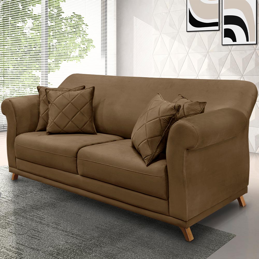 Sofá Decorativo 200cm 3 Lugares com 4 Almofadas Armstrong Suede Caramelo G63 - Gran Belo