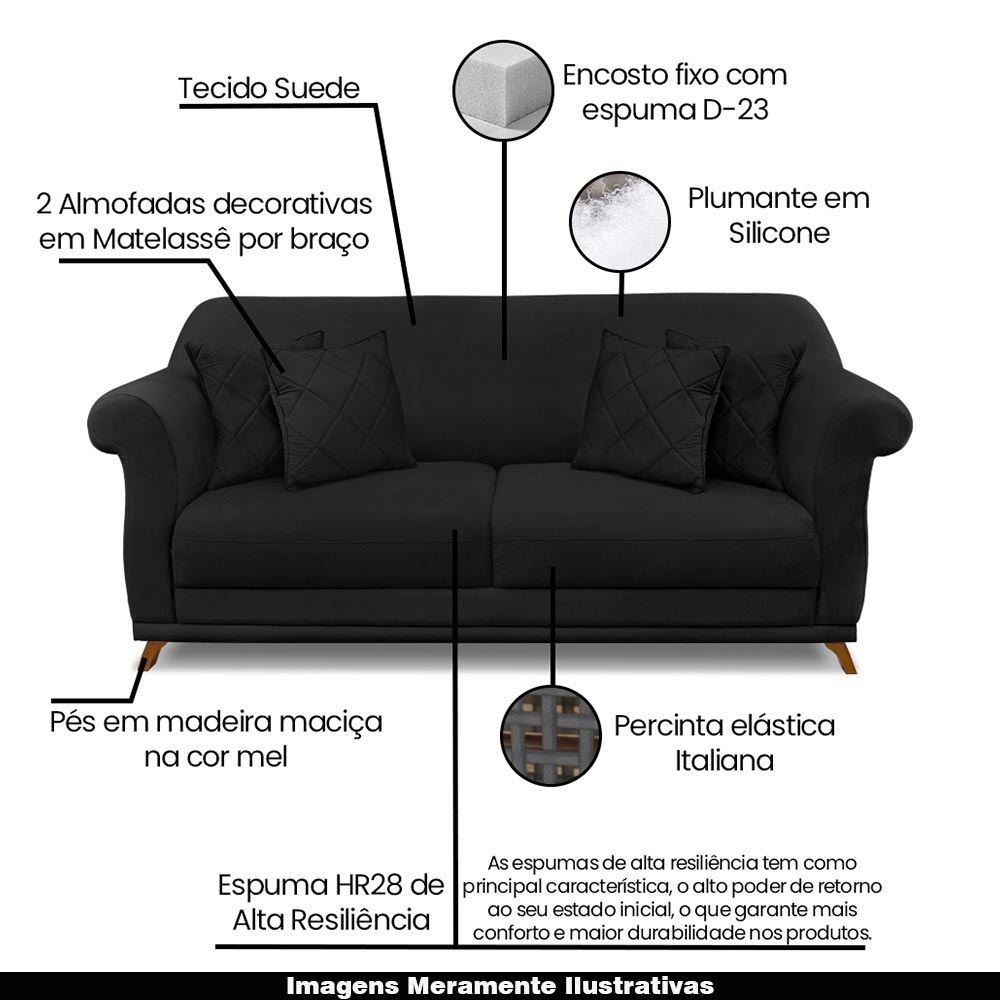 Sofá Decorativo 200cm 3 Lugares com 4 Almofadas Armstrong Suede Preto G63 - Gran Belo